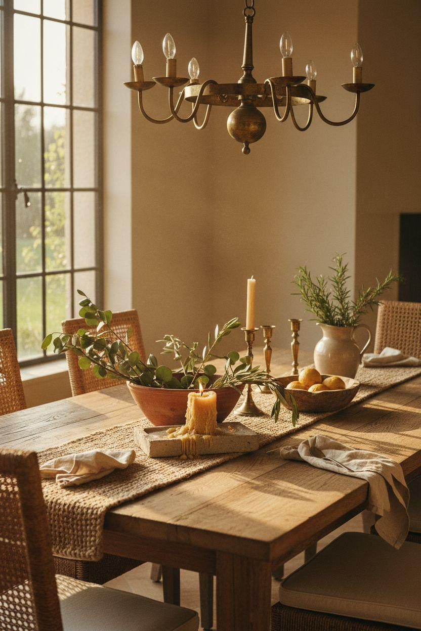 Dining Room Table Centerpiece Ideas - luxurious farmhouse setup with eucalyptus and brass