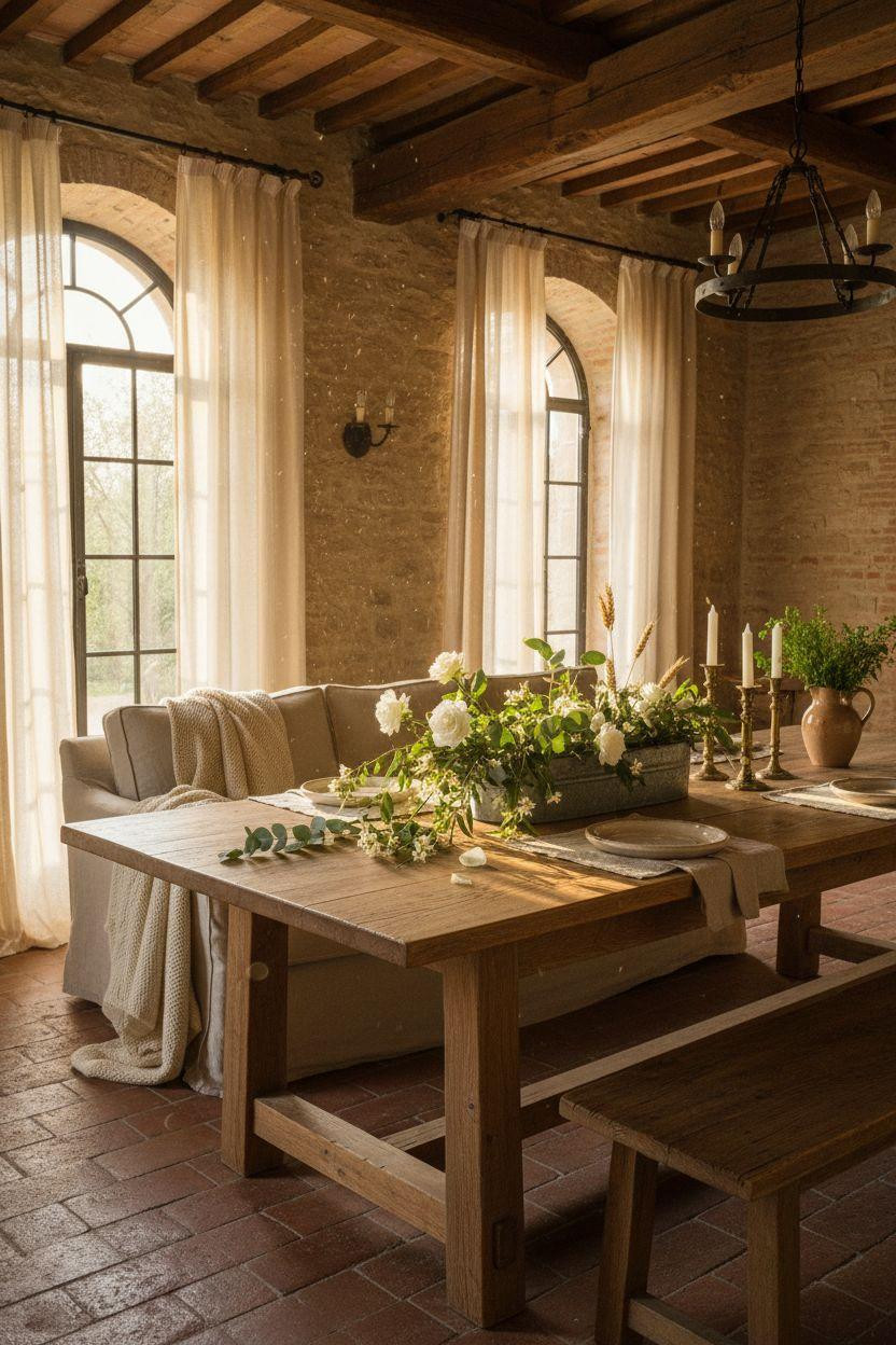 Dining Room Table Centerpiece Ideas - dining table in open farmhouse living space