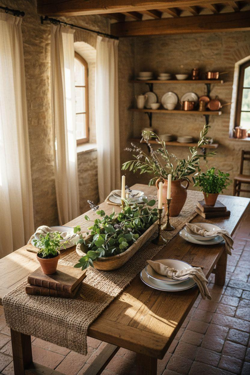 Dining Room Table Centerpiece Ideas - overhead angle showing layered styling elements
