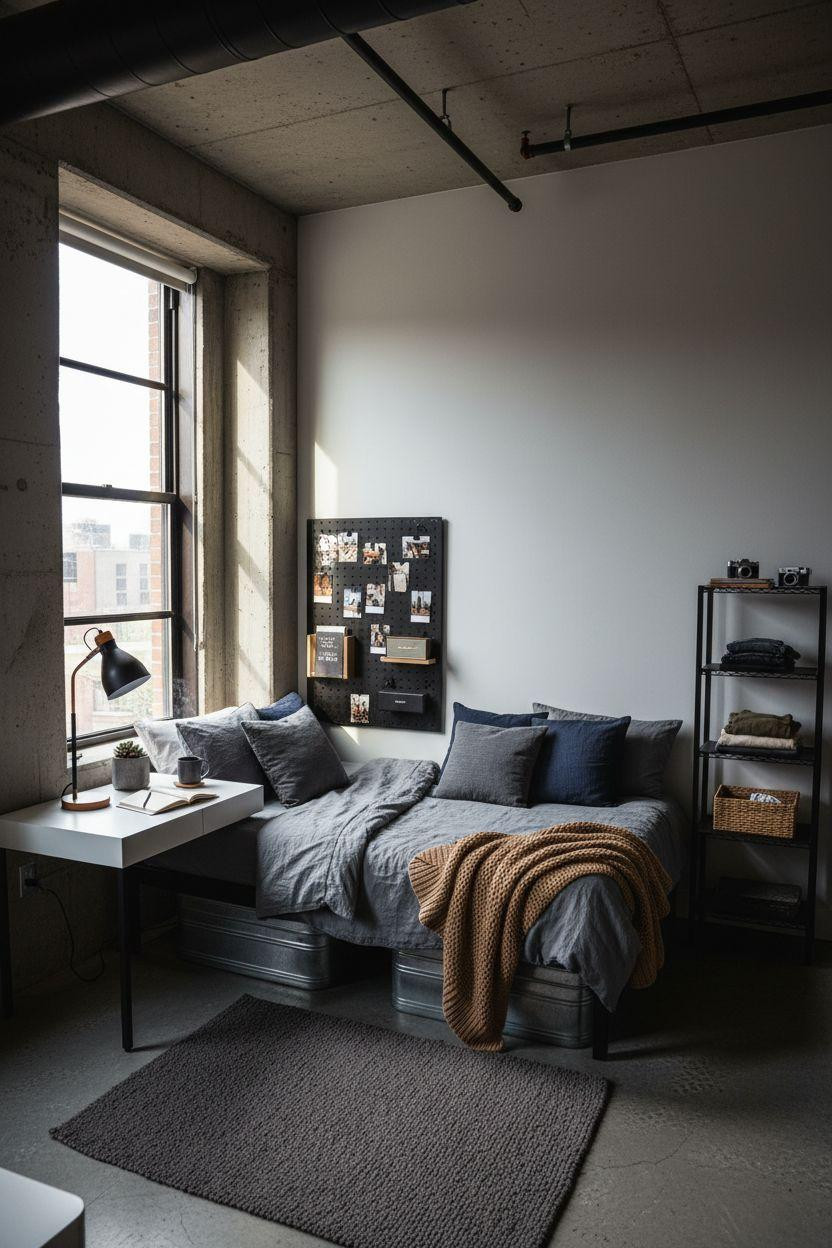 Dorm Room Ideas For Guys - elevated view steel oak loft concrete planter