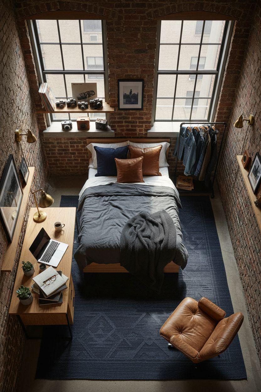 Dorm Room Ideas For Guys - overhead view navy cognac bedding