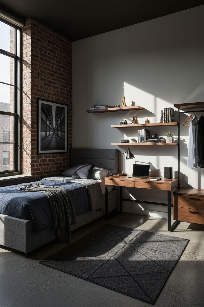 Dorm Room Ideas For Guys - charcoal upholstered bed geometric shelves