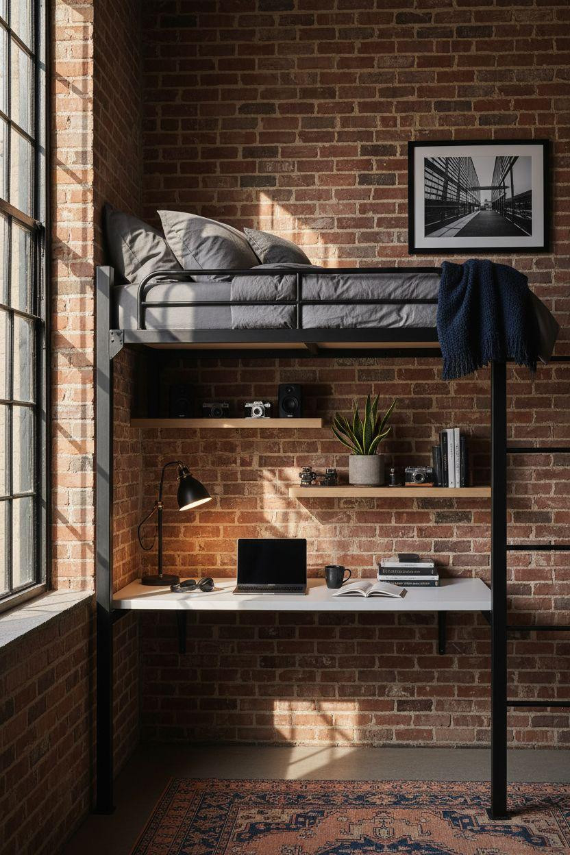 Dorm Room Ideas For Guys - white oak loft bed exposed brick