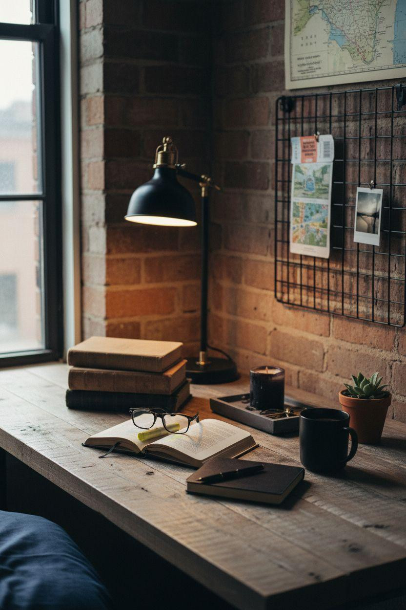 Dorm Room Ideas For Guys - matte black desk reclaimed wood