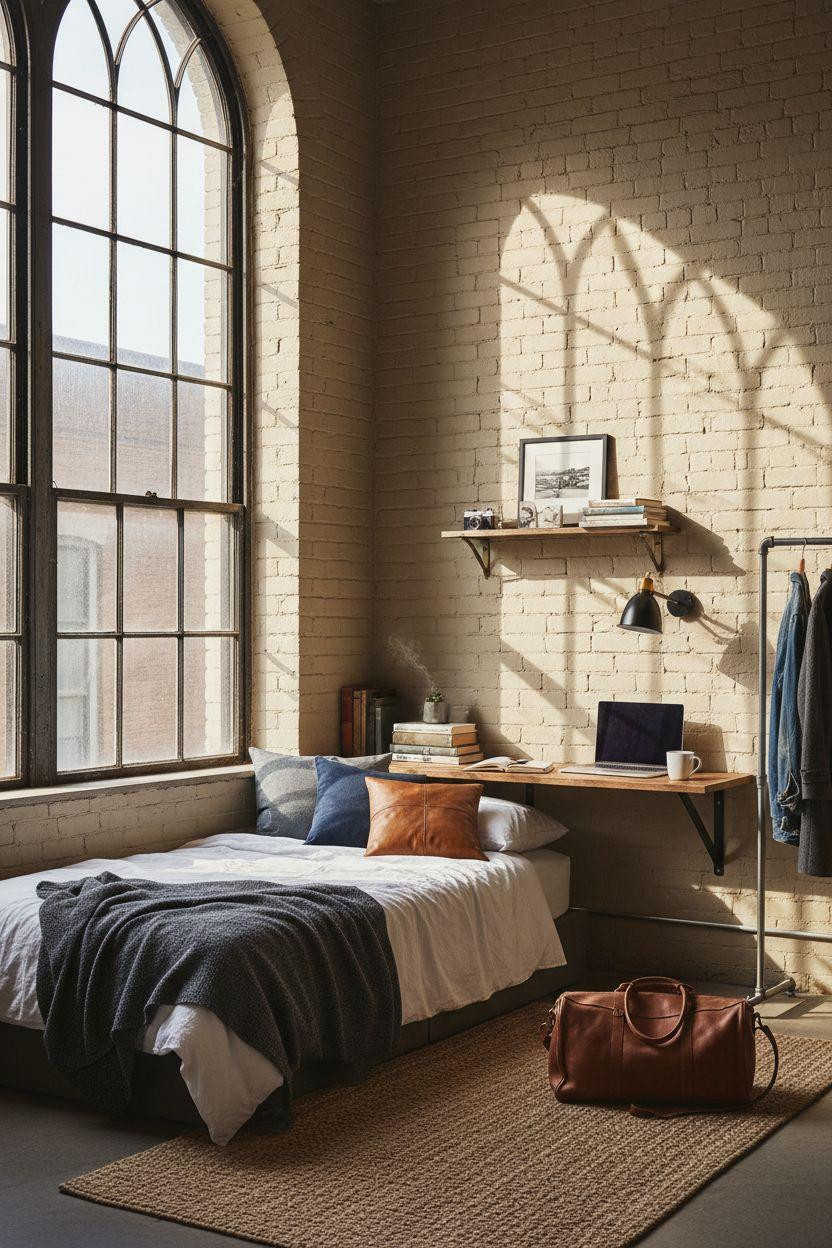 Dorm Room Ideas For Guys - black steel loft bed charcoal upholstery