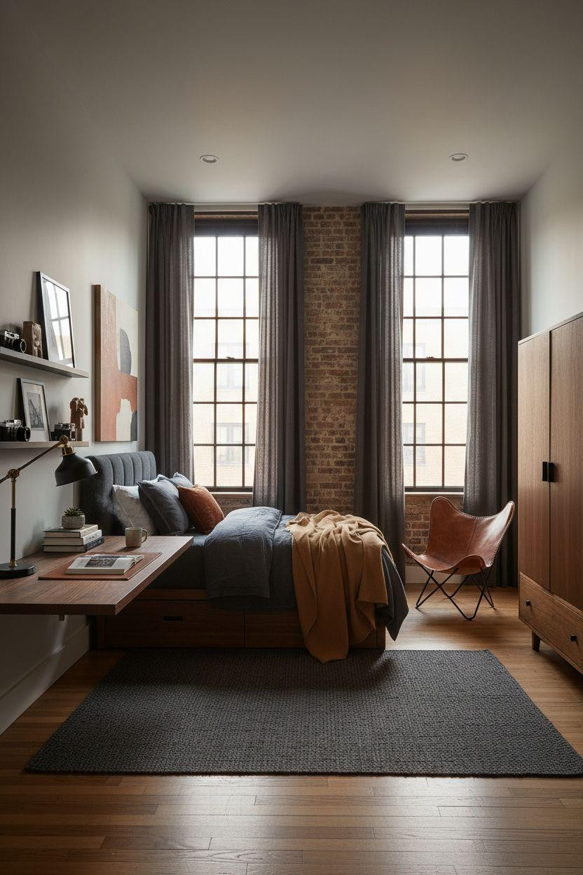 Dorm Room Ideas For Guys - lofted bed with walnut desk underneath