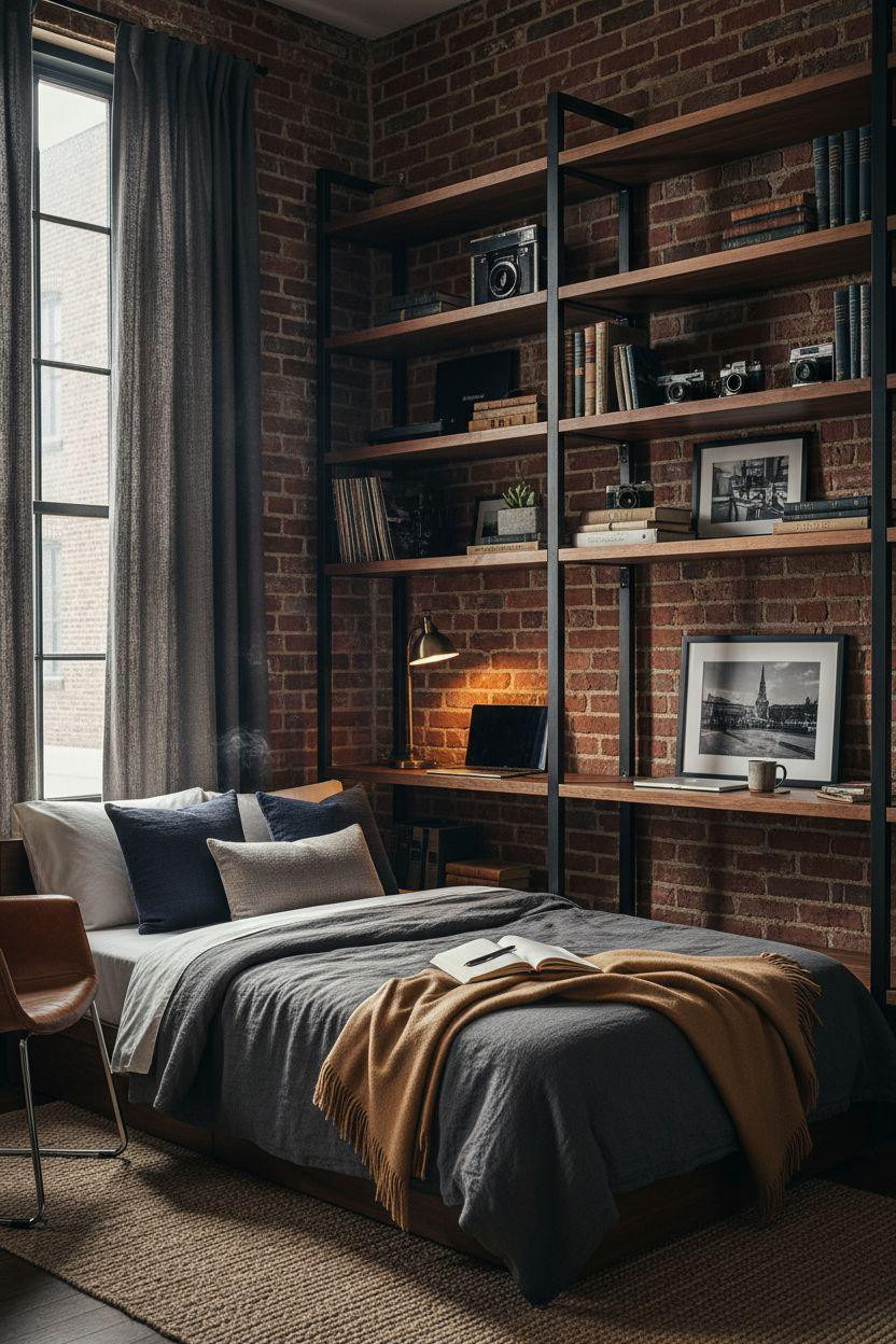 Dorm Room Ideas For Guys - walnut shelving vintage books matte black turntable