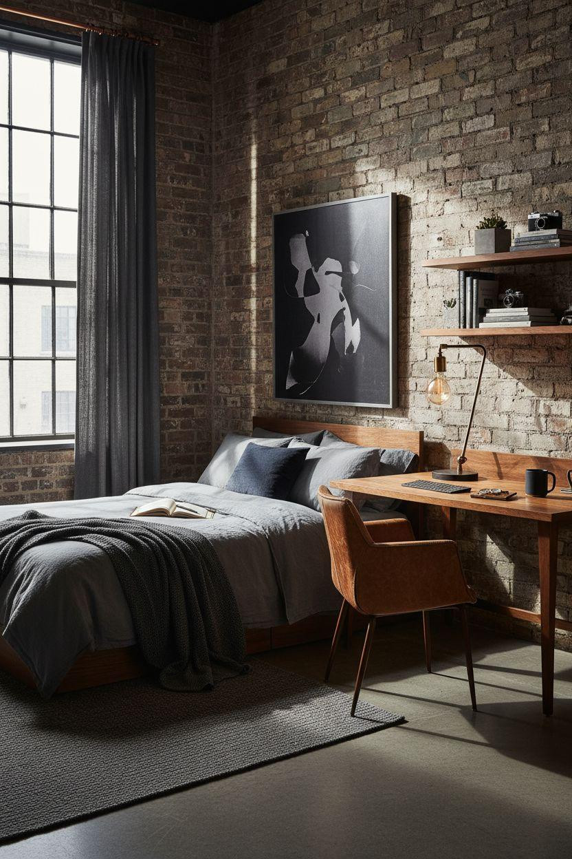 Dorm Room Ideas For Guys - charcoal platform bed with copper details