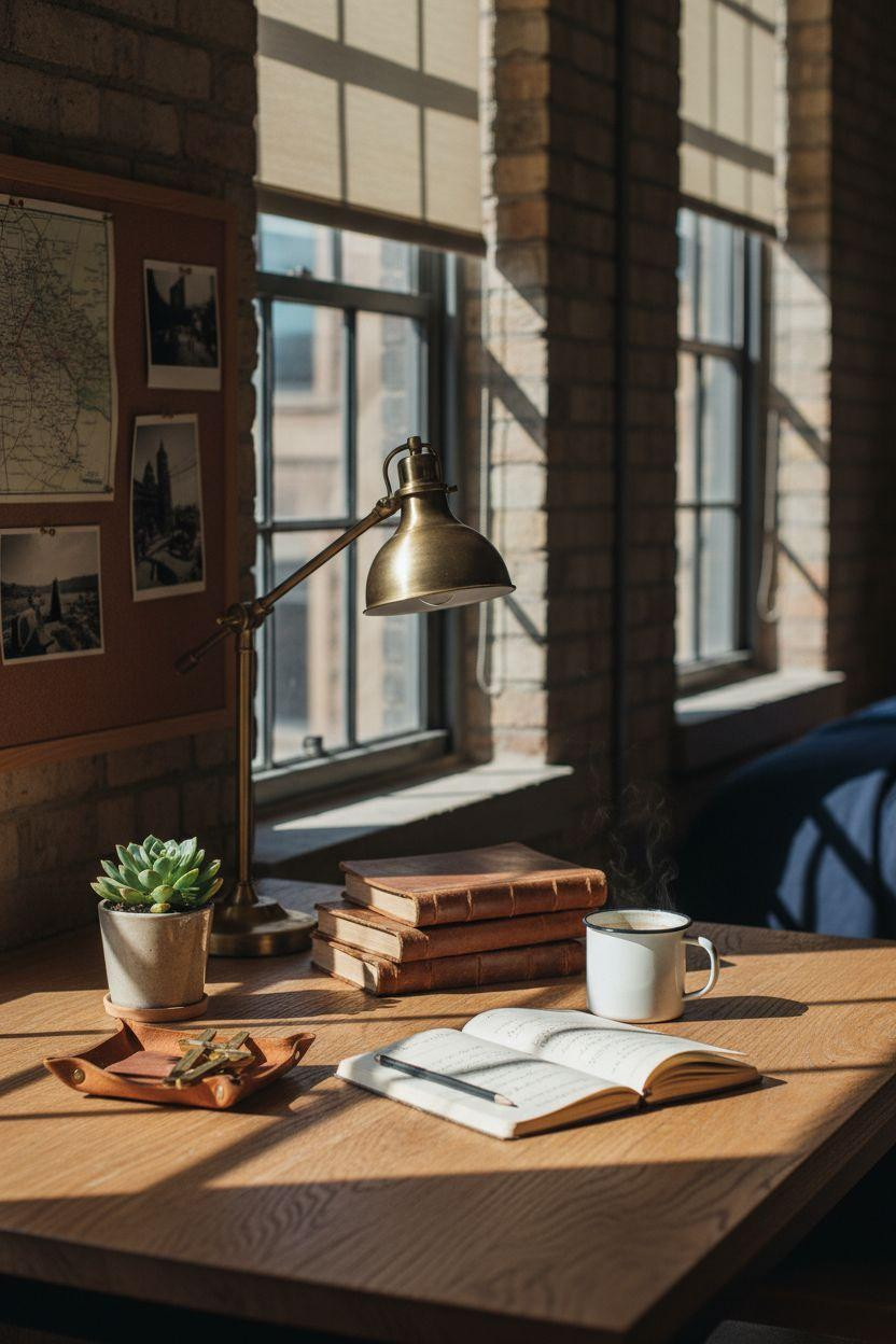 Dorm Room Ideas For Guys - vintage desk setup with brass lamp