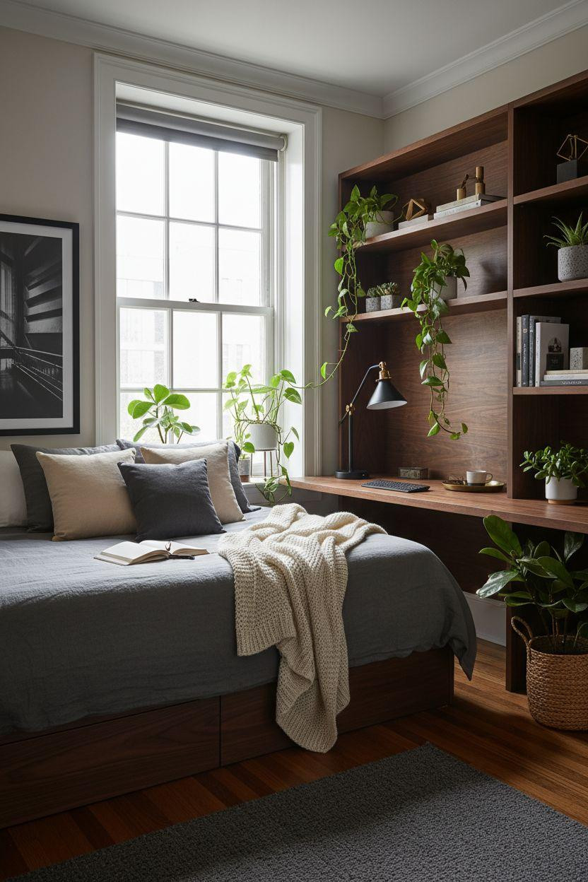 Dorm Room Ideas For Guys - dark walnut desk greenery brass accents