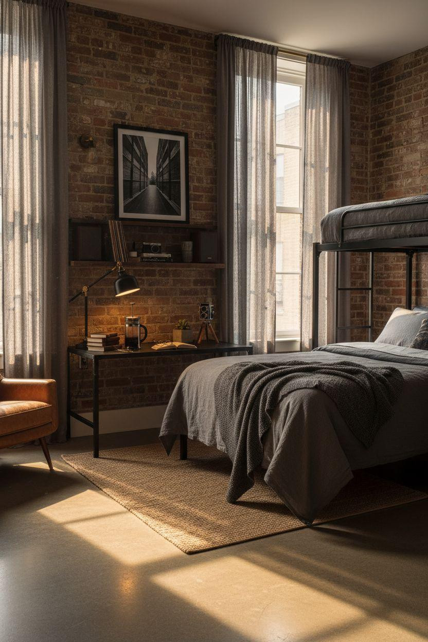 Dorm Room Ideas For Guys - charcoal linen reclaimed wood vintage speakers