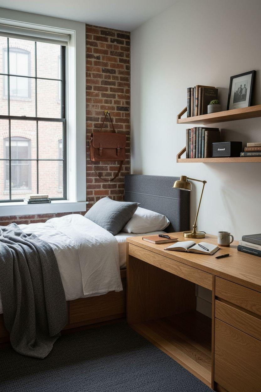 Dorm Room Ideas For Guys - bright oak desk succulent brass lamp