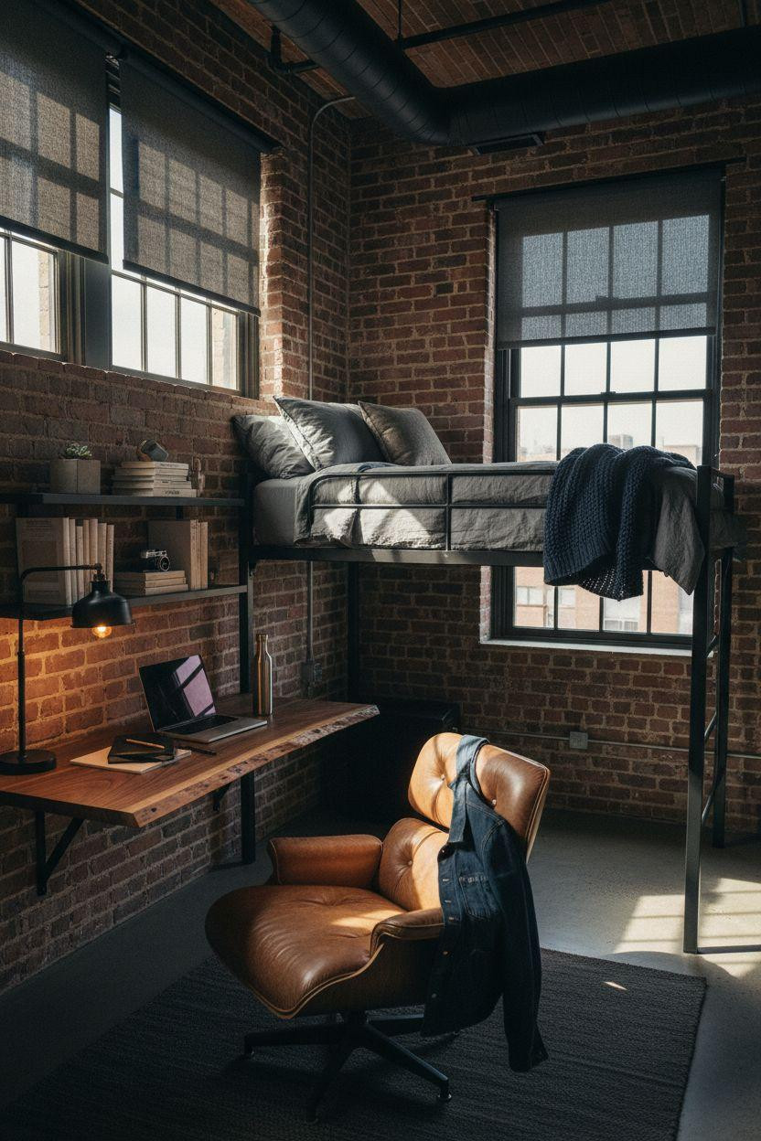 Dorm Room Ideas For Guys - steel loft bed walnut live edge desk