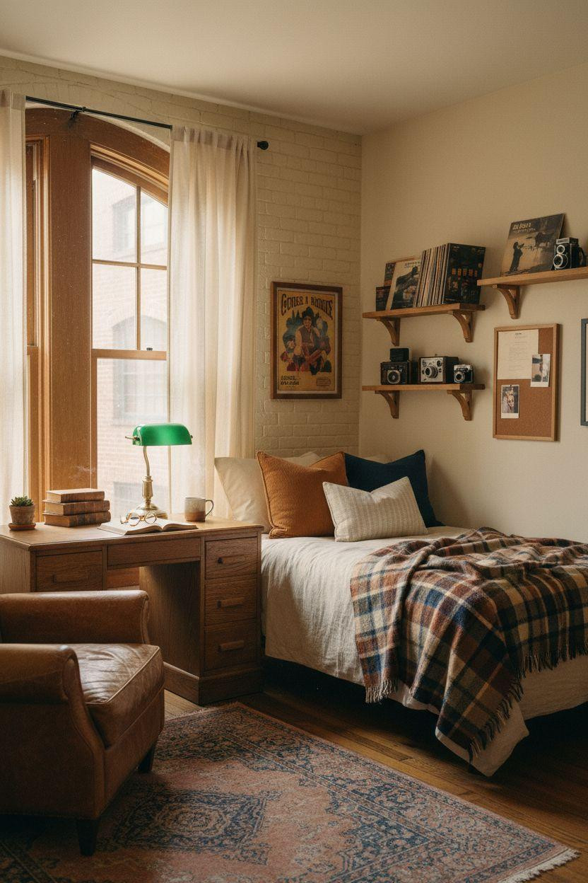 Dorm Room Ideas For Guys - industrial steel loft cognac leather brass task light