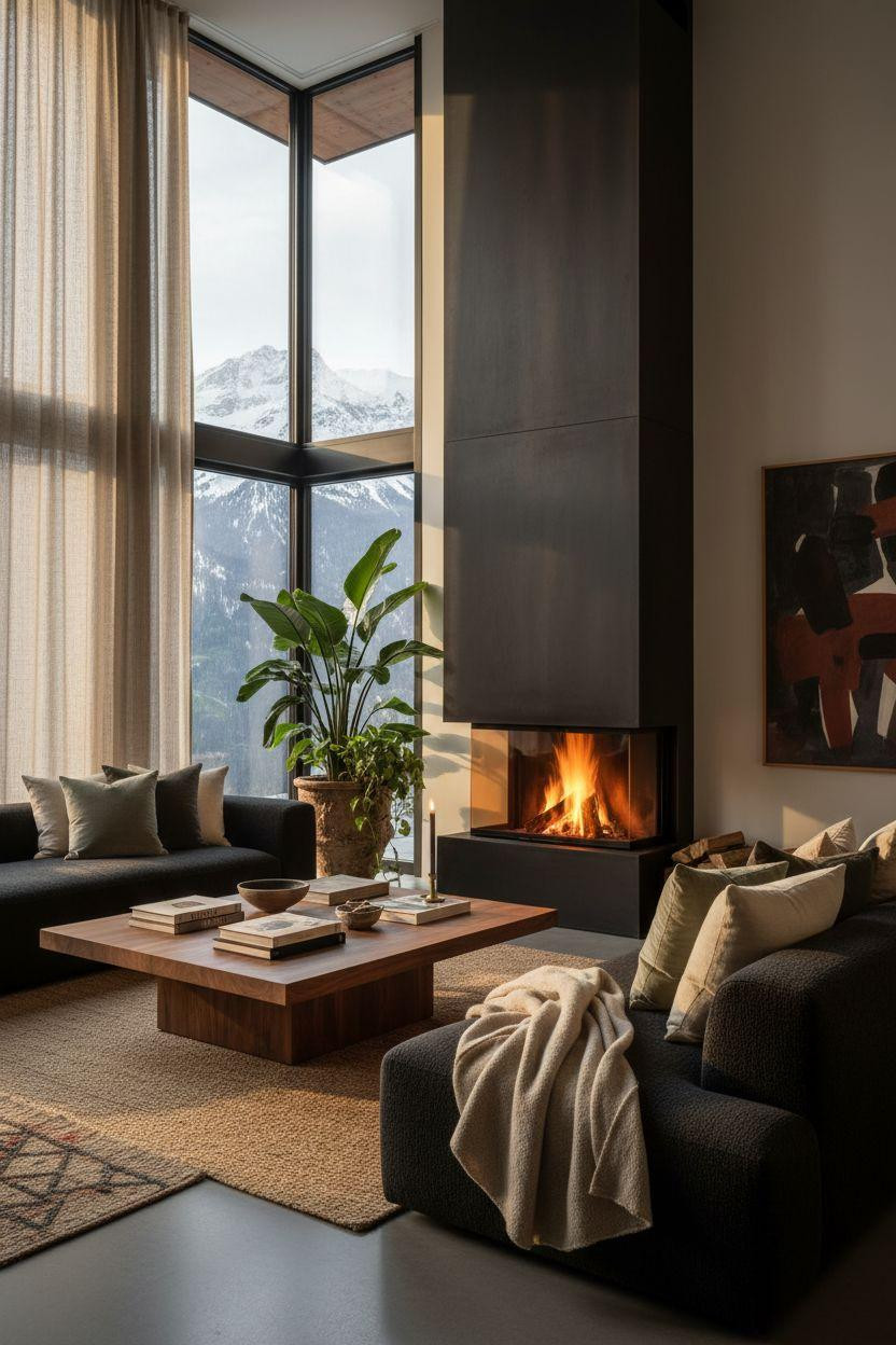 Fireplace Ideas - blackened steel fireplace with greenery accents