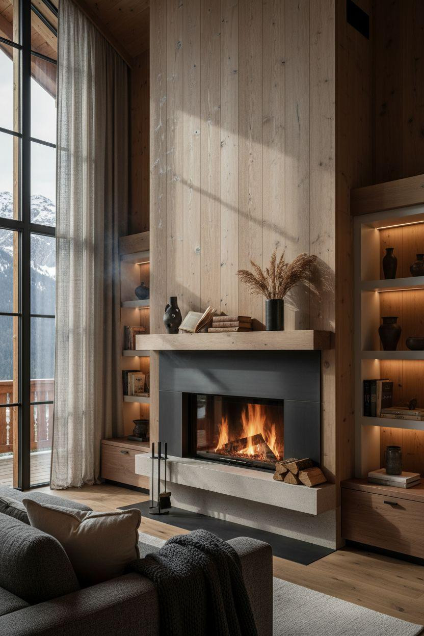 Fireplace Ideas - vertical oak panels with modern steel insert