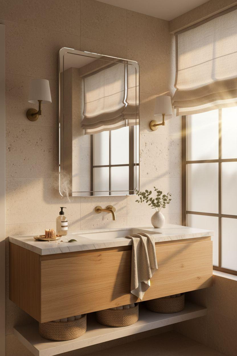 Bathroom Mirror - elegant spa bathroom mirror with natural materials