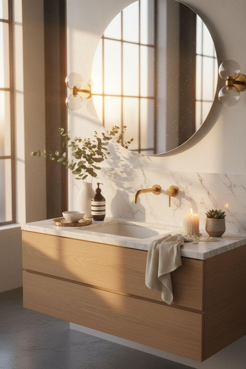 Bathroom Mirror - luxurious bathroom mirror with marble and brass details