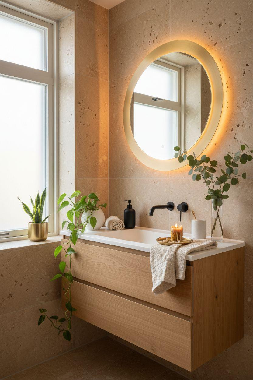 Bathroom Mirror - modern guest bathroom with botanical elements and mirror lighting