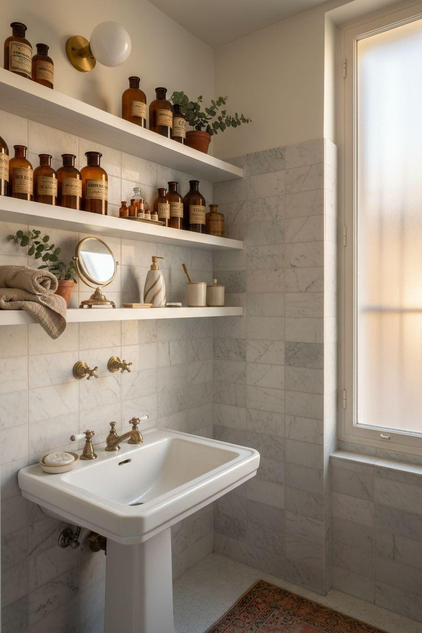 bathroom wall decor with vintage apothecary finds on oak shelves