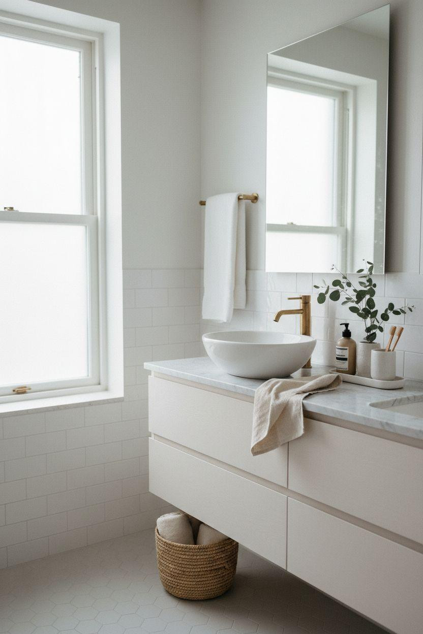 hotel bathroom with white oak vanity and brushed brass fixtures
