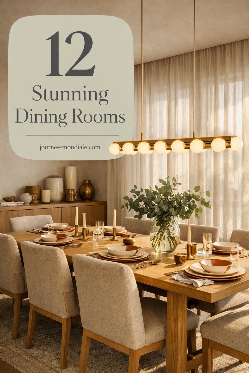 Sophisticated modern dining room featuring custom white oak table seating eight, warm sand linen chairs, brass linear chandelier, and styled setting with cream terracotta ceramics, linen napkins, brass candleholders, and eucalyptus centerpiece. Soft greige plaster walls, sheer Belgian linen curtains diffusing afternoon sunlight, and built-in credenza with curated ceramics.