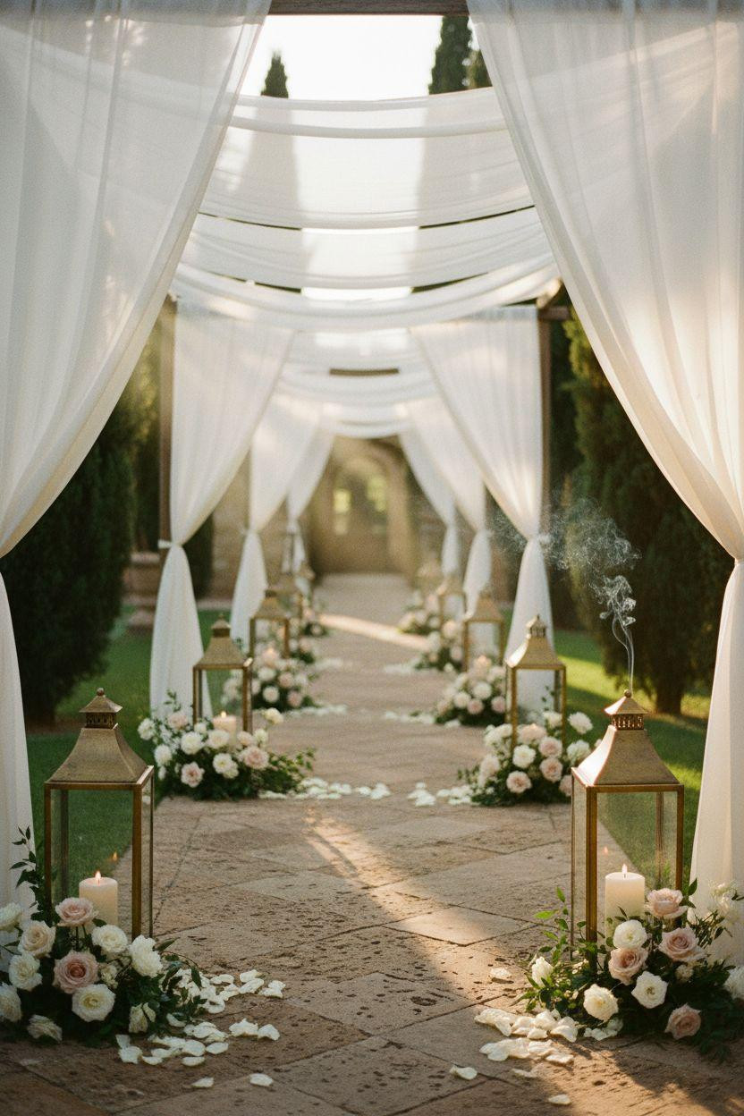 Wedding Walkway - soft fabric canopy over honey-toned stone