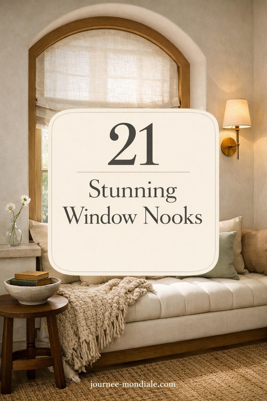 Sophisticated window nook featuring custom built-in bench upholstered in ivory Belgian linen with channel tufting, arched window framed in white oak, sheer Roman shades diffusing morning light, layered cream and sage cushions, oatmeal wool throw, walnut side table with books, warm white plaster walls, limestone sill, brass sconce, jute rug, and glass vase.