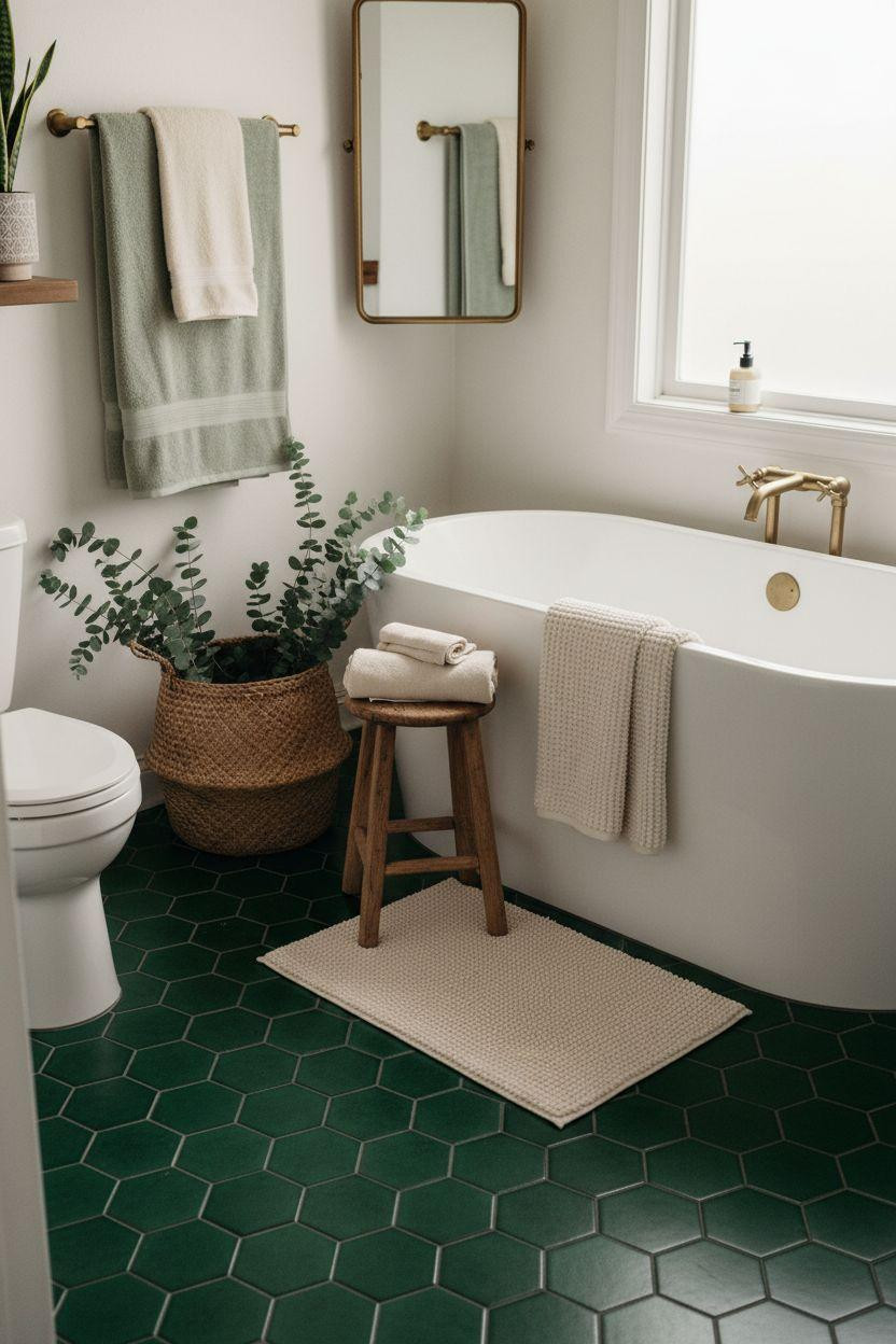 Emerald Green Bathroom - hexagonal tiles with layered linen towels