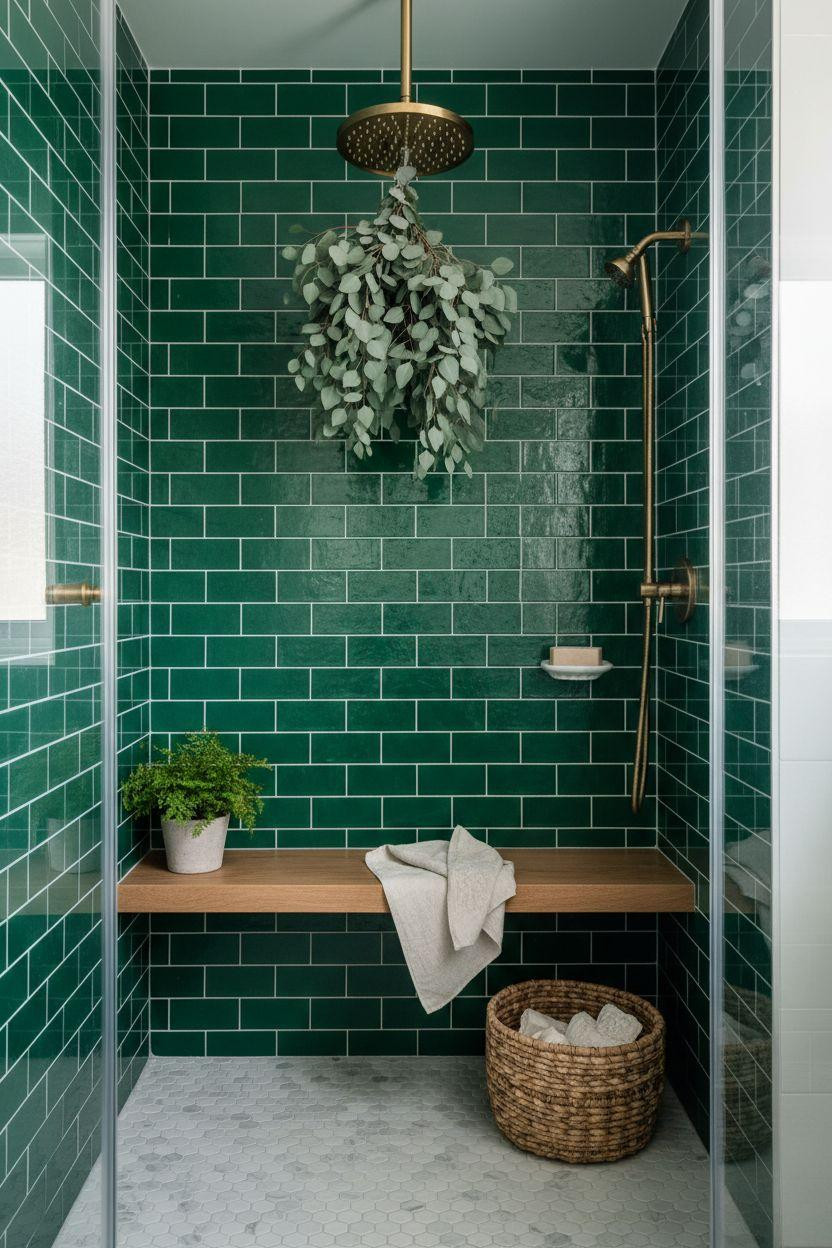 Green Tile Shower Ideas - floor to ceiling emerald tiles with brass rainfall showerhead