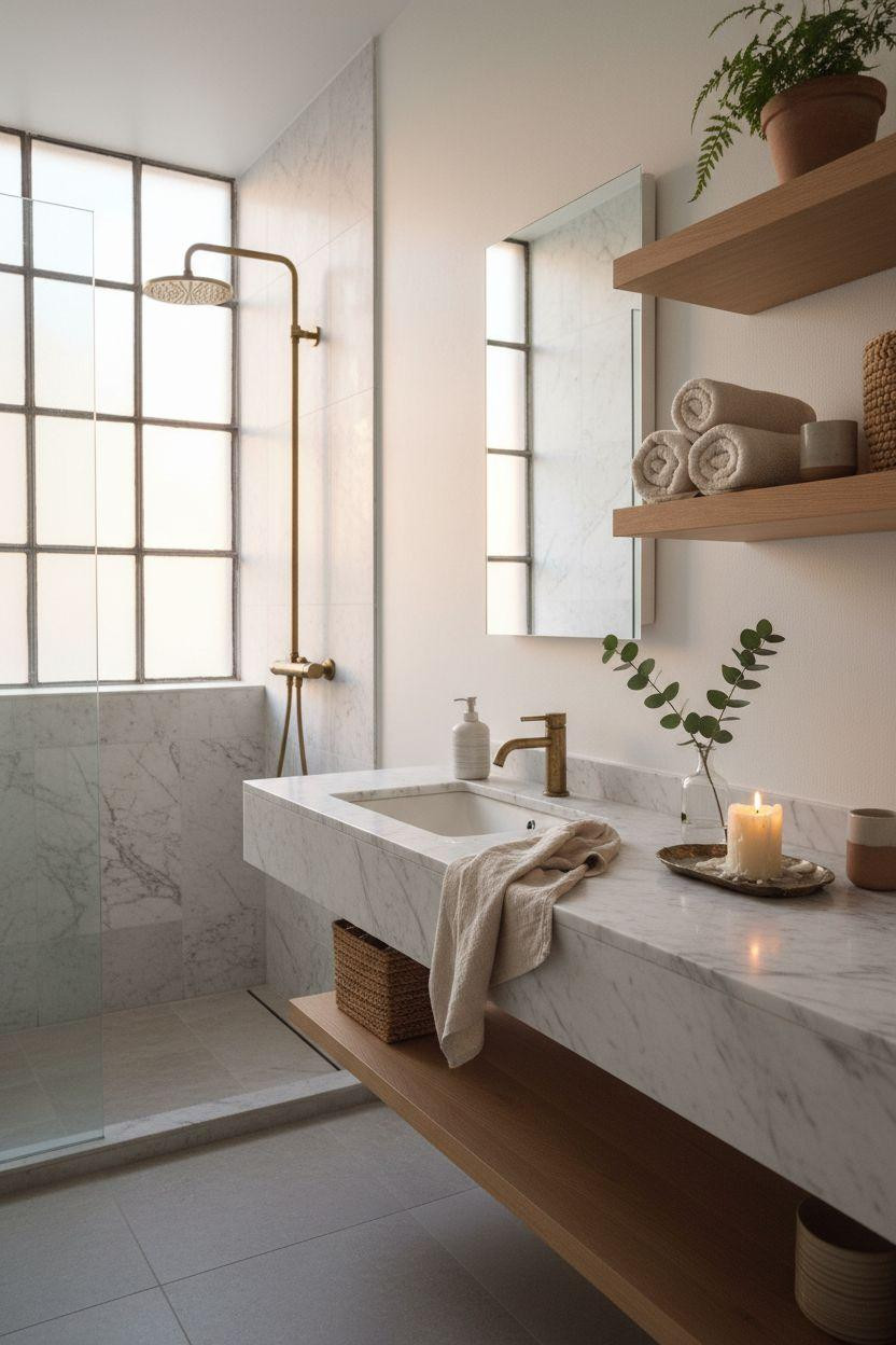 Ensuite Bathroom Ideas - marble bathroom with natural wood