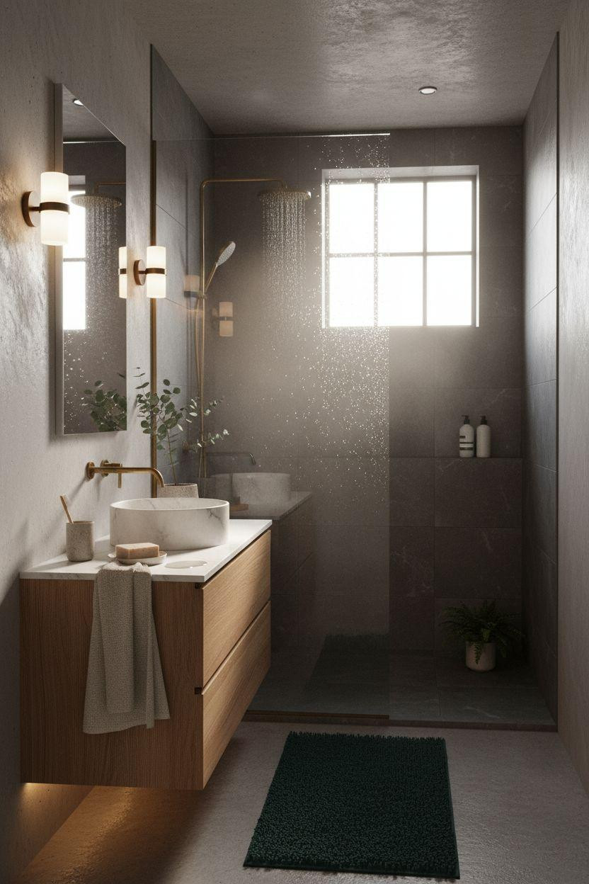 Ensuite Bathroom Ideas - dark tile shower with warm accents