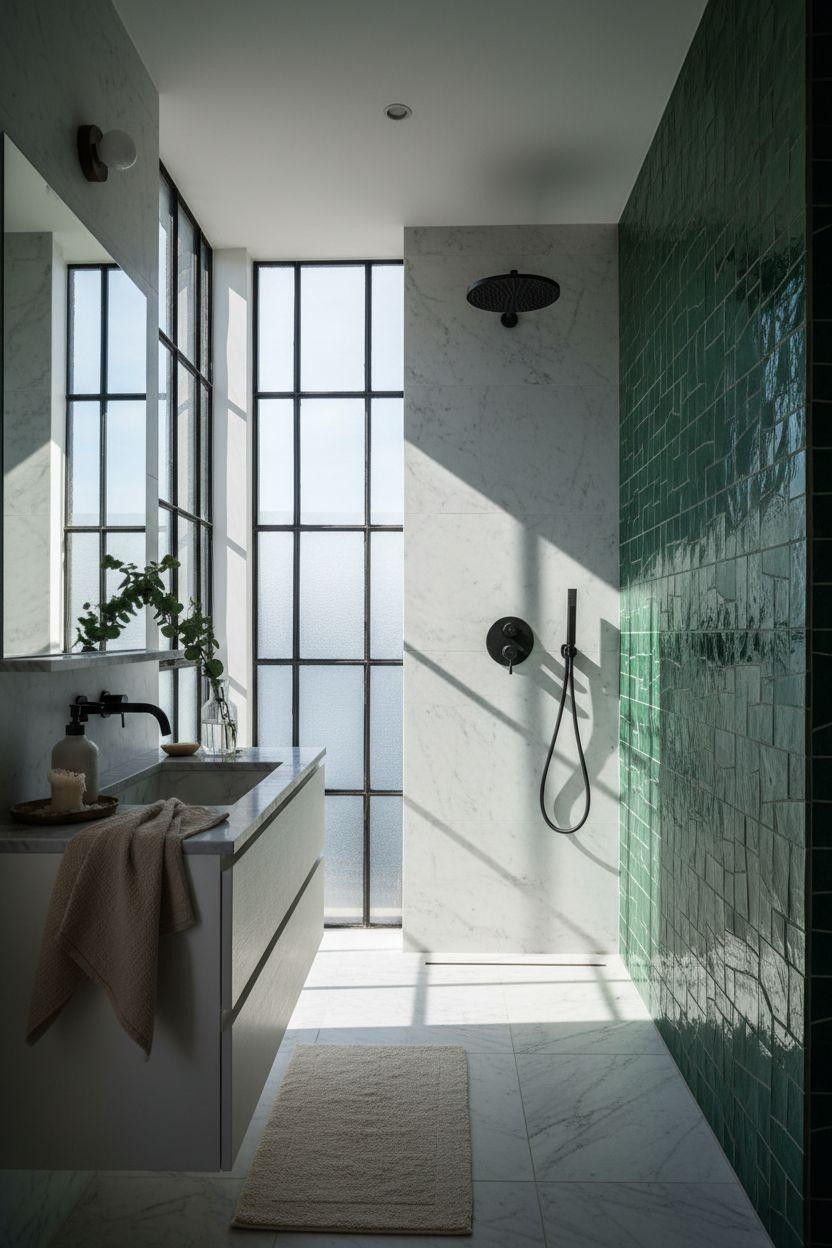 Ensuite Bathroom Ideas - bold green tile wetroom
