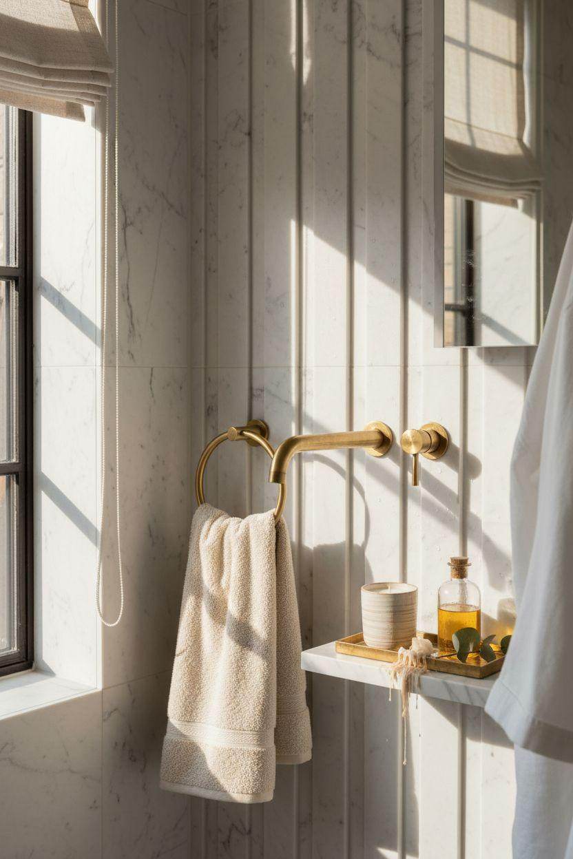 Ensuite Bathroom Ideas - textured marble with brass fixtures