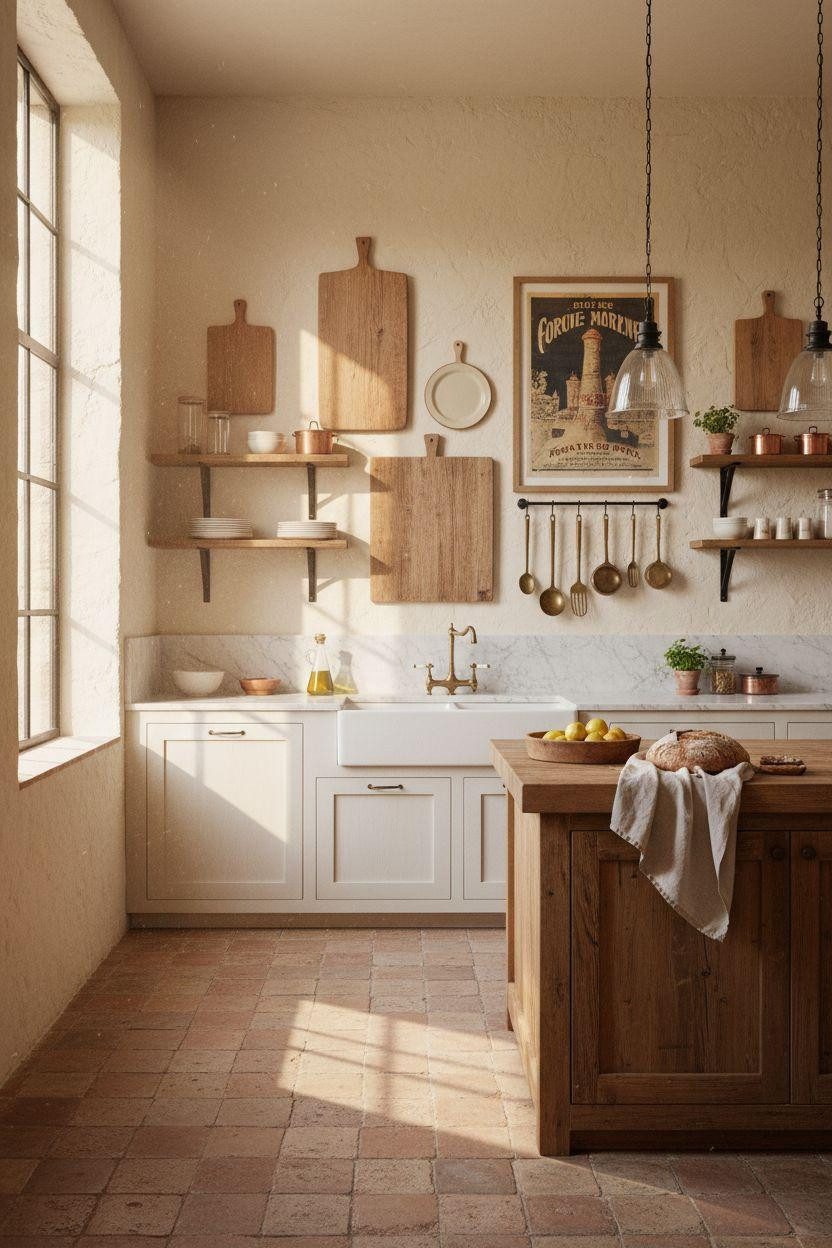 Kitchen Wall Decor Ideas - Gallery wall with vintage cutting boards and aged brass utensils