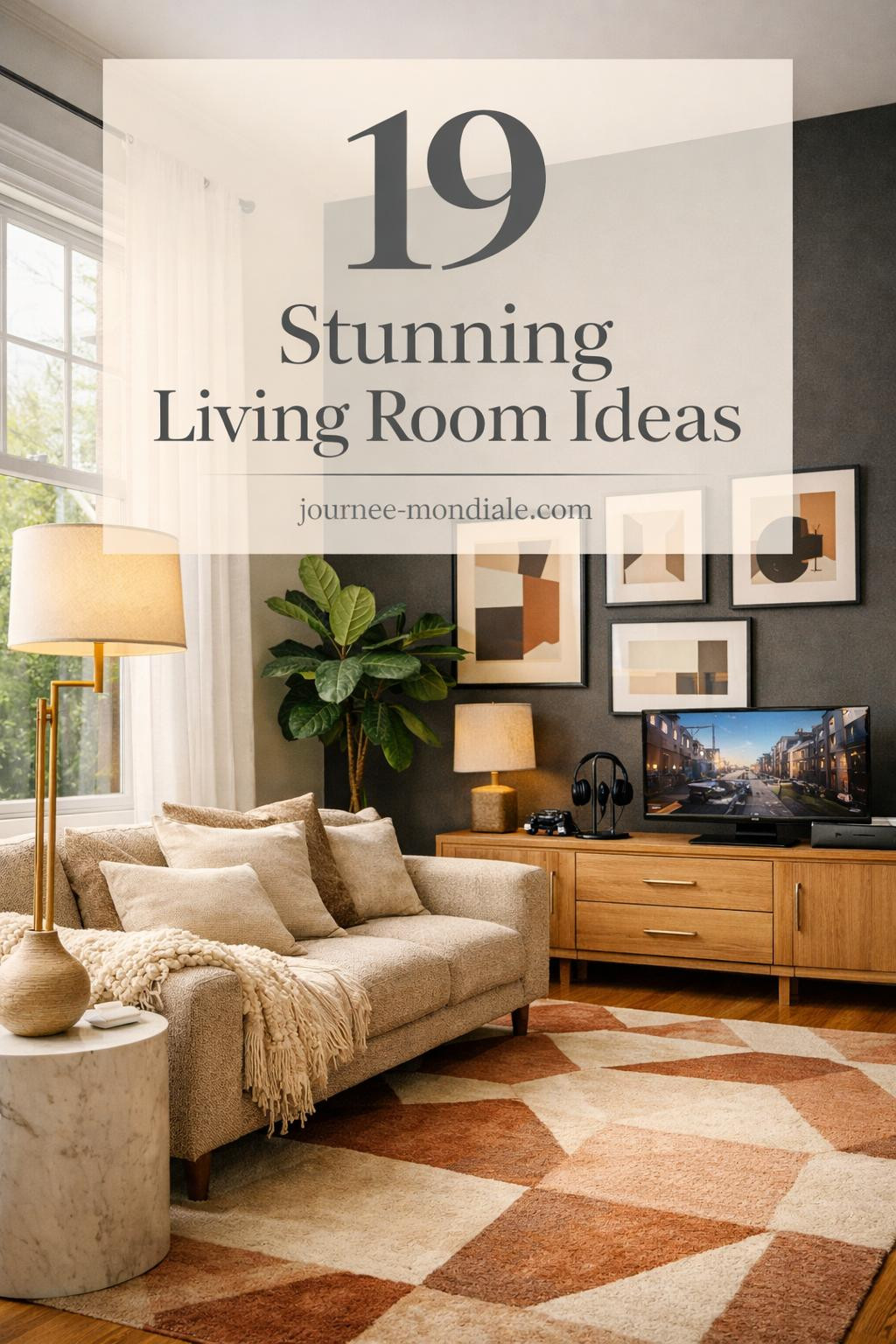 Modern living room design blending gaming elements with contemporary aesthetics: sand boucle sofa against charcoal wall, white oak media console with brass hardware, terracotta-cream geometric rug, aged brass floor lamp with linen shade, minimalist gallery wall, fiddle leaf fig plant, marble side table with vase, layered ivory textiles, oversized windows for natural light.