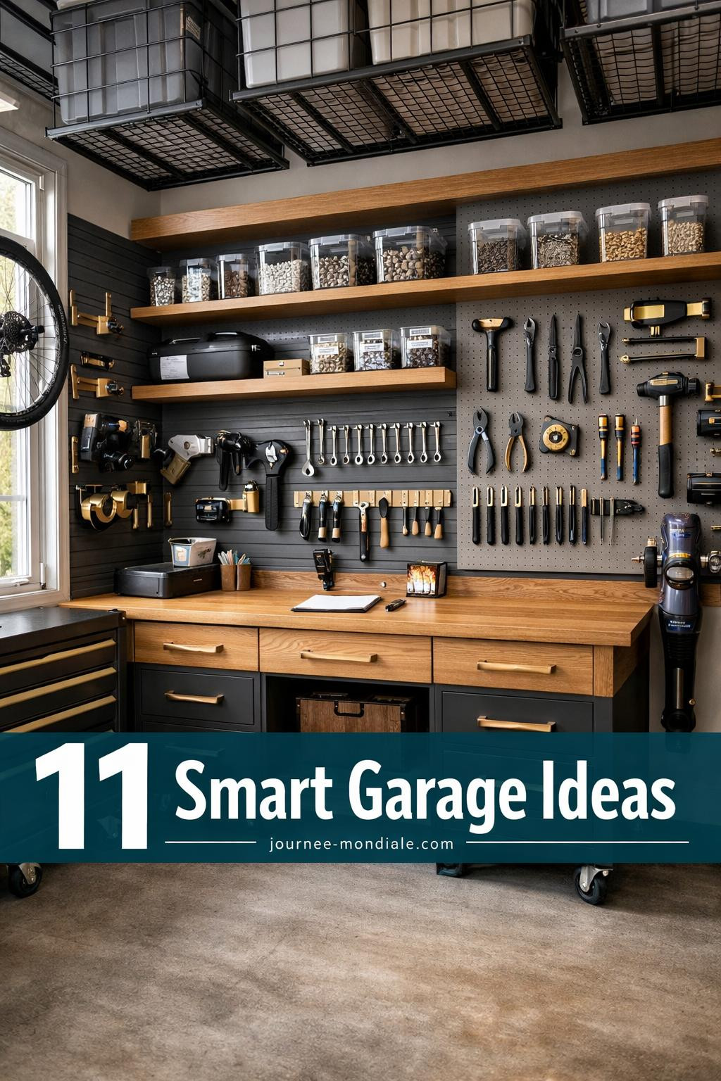 Organized garage workspace with custom wall-mounted slatwall panels, white oak workbench, pegboard tool storage, and floating shelves