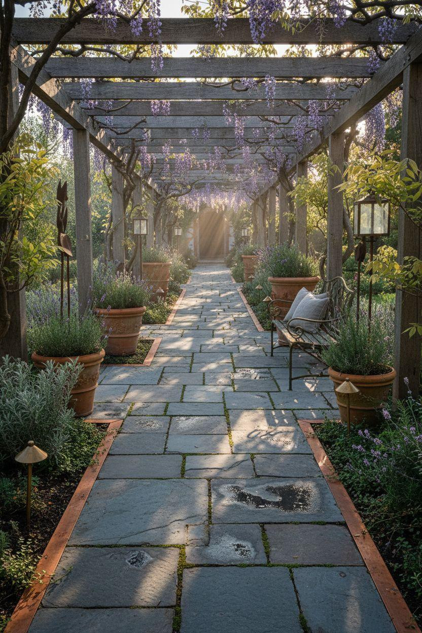 Garden Walkway - bluestone with wisteria pergola and copper borders