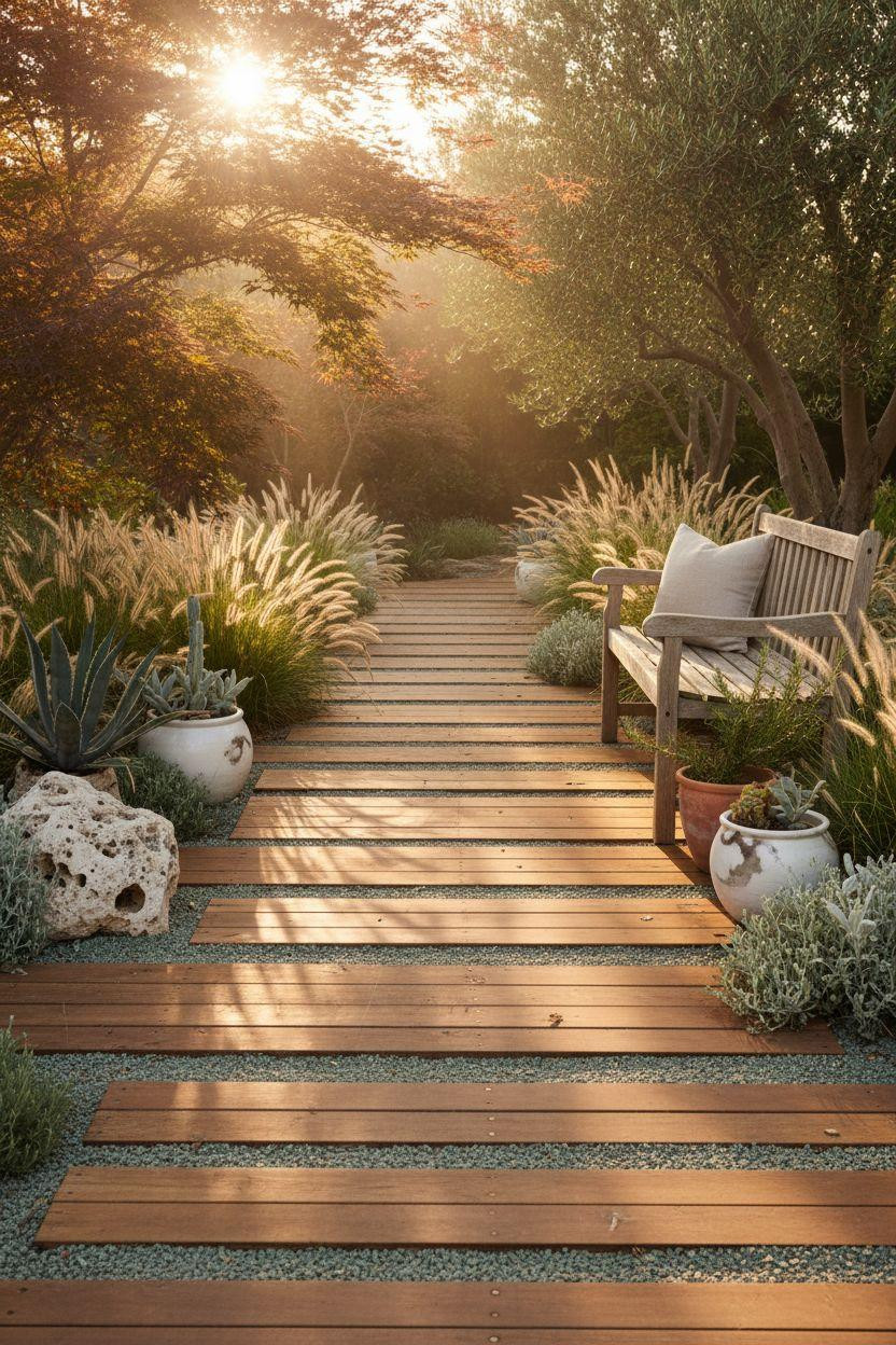 Garden Walkway - reclaimed teak with native grasses