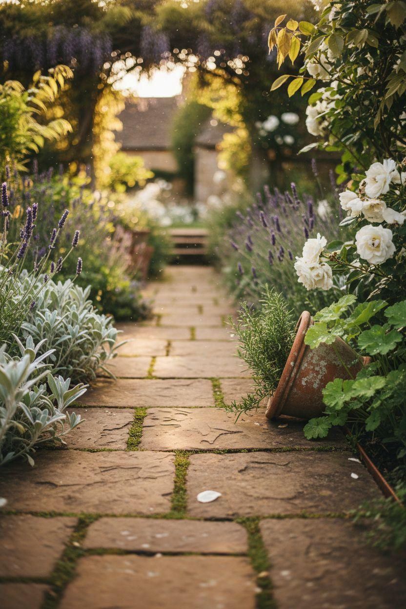 Garden Walkway - burgundy limestone with crushed gravel