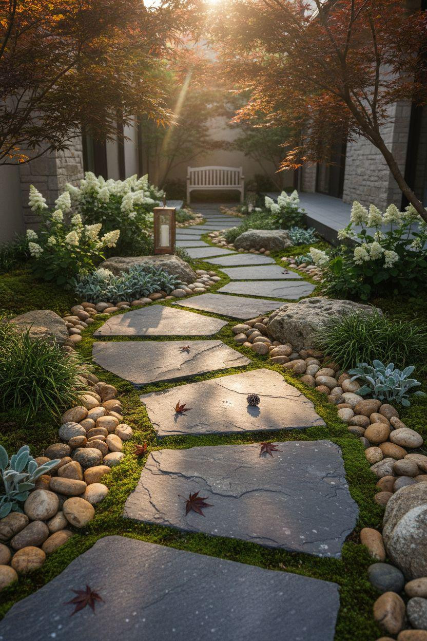 Garden Walkway - honey limestone under purple wisteria