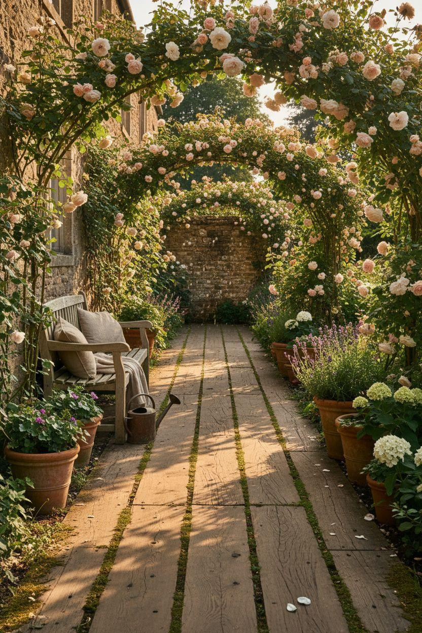 Garden Walkway - wide oak planks with climbing roses