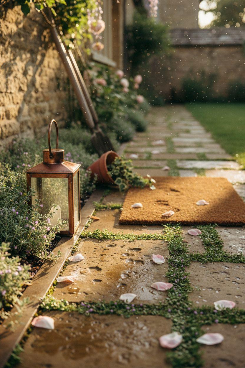 Garden Walkway - limestone close-up with copper lantern