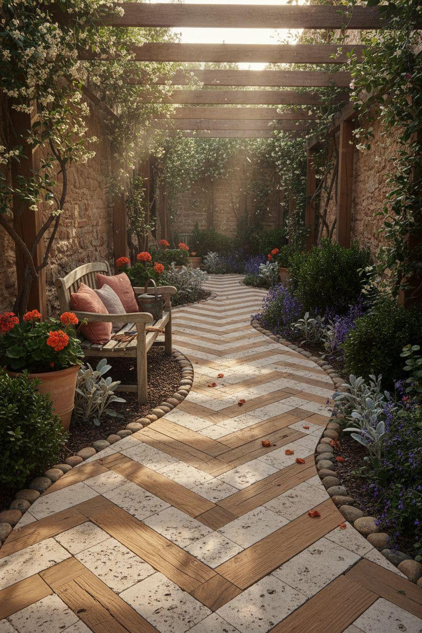 Garden Walkway - chevron wood and limestone pattern