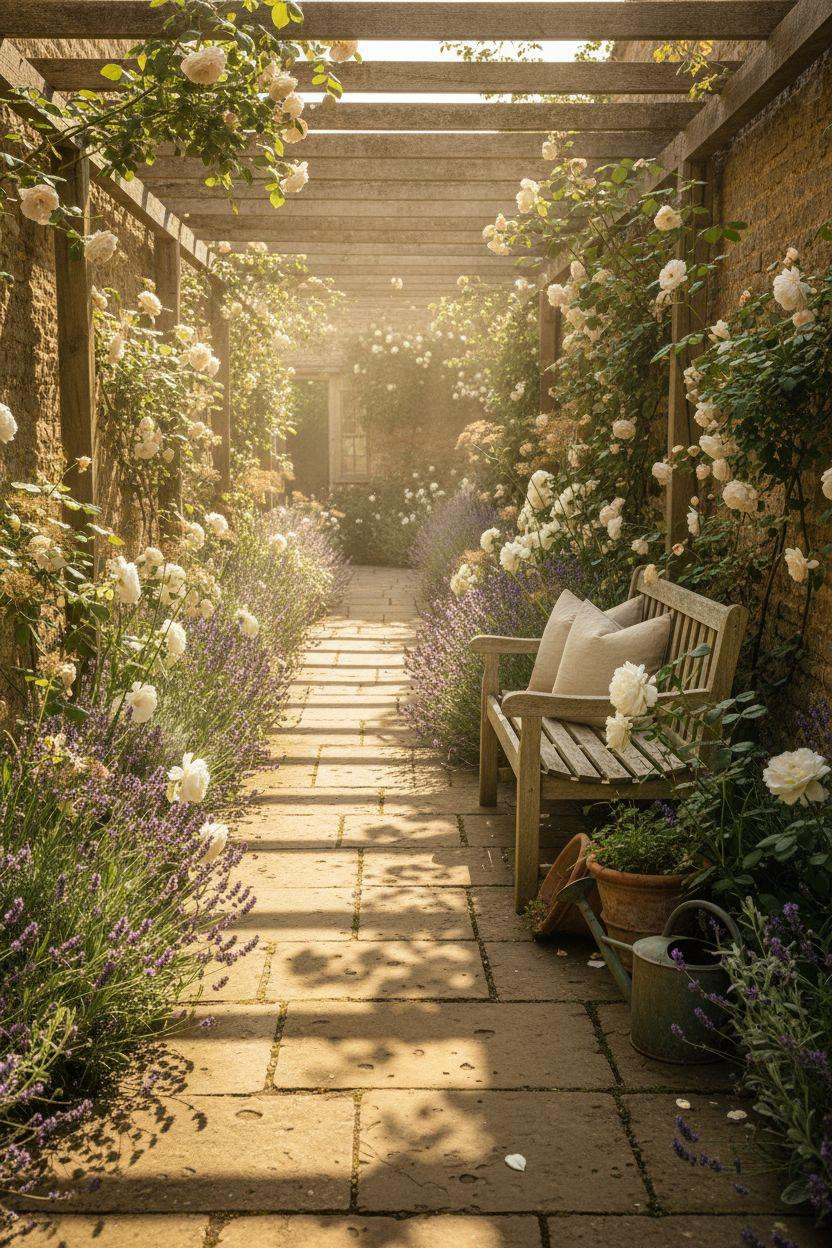 Garden Walkway - limestone with rose covered pergola