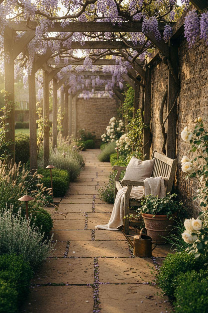 Garden Walkway - yorkshire stone with wisteria pergola