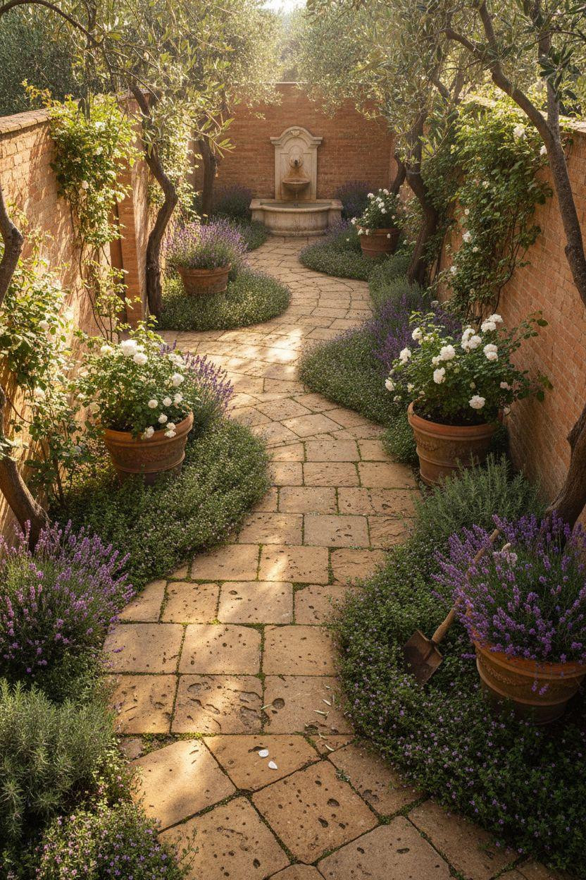 Garden Walkway - aerial view honey limestone with fountain