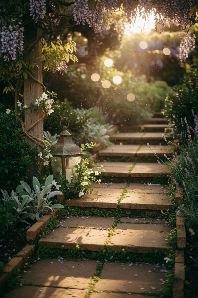 Garden Walkway - cotswold stone detail with copper lantern