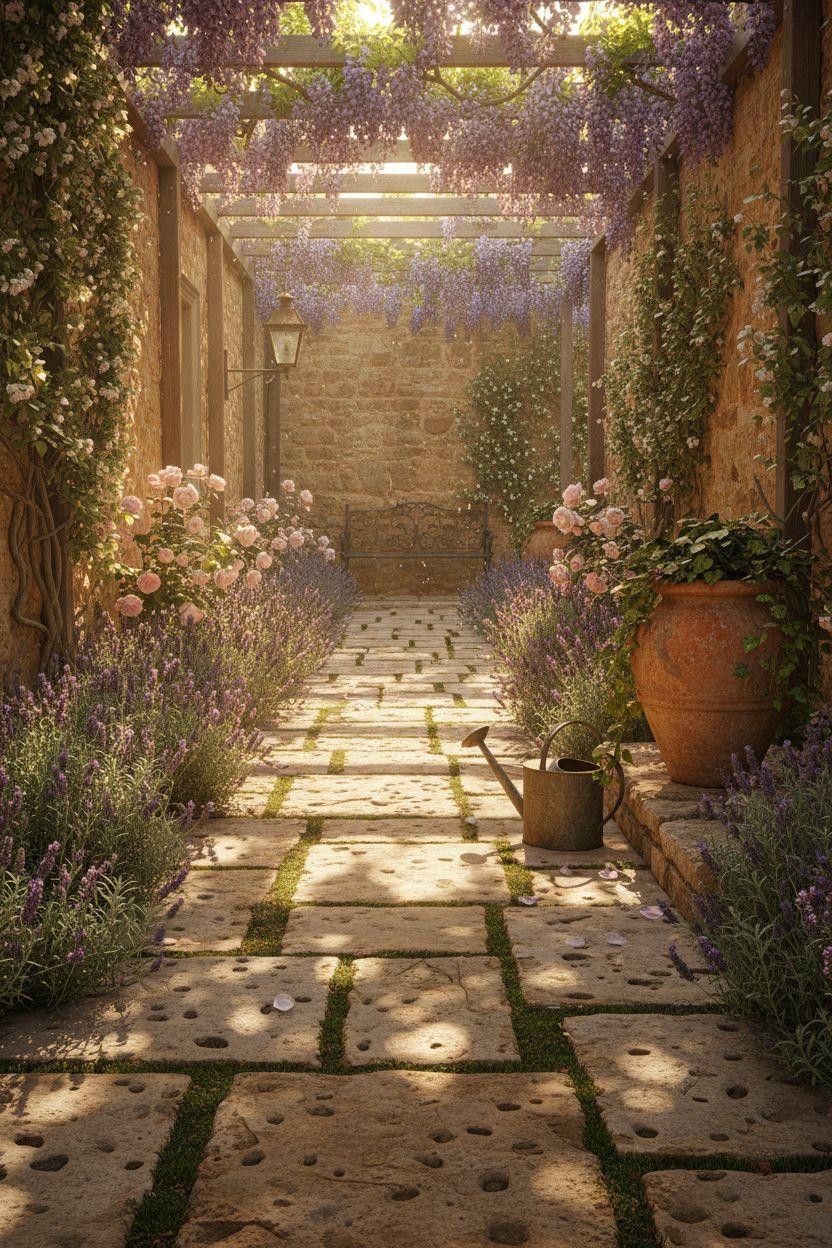 Garden Walkway - limestone with wisteria and copper lantern