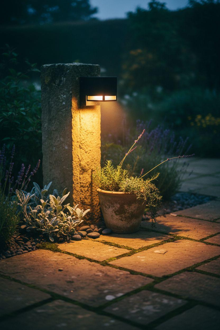 Garden Walkway - yorkstone with contemporary black lanterns